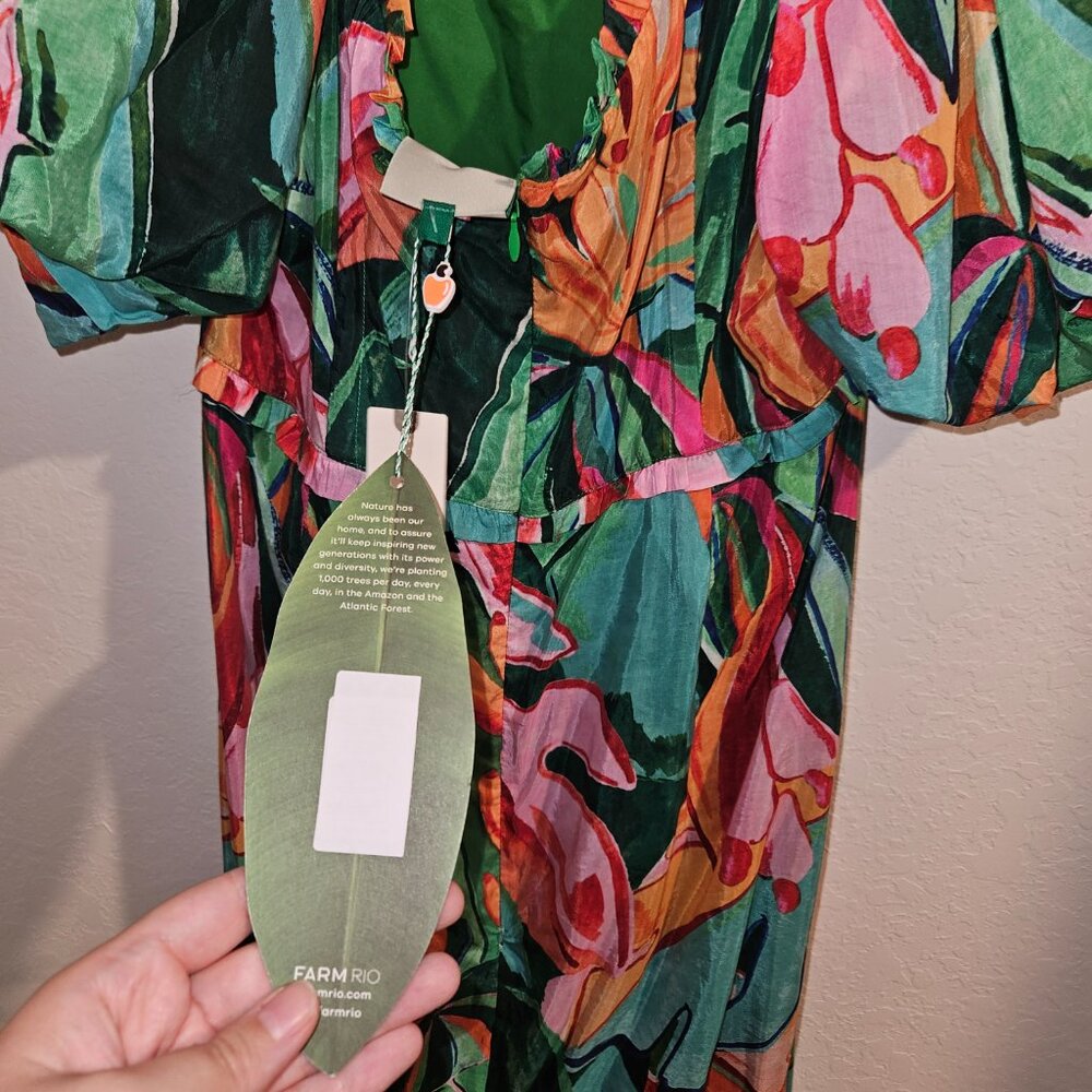 FARM Rio Green Tropical Print Midi Dress with Orange & Pink Accents - Picture 13 of 13
